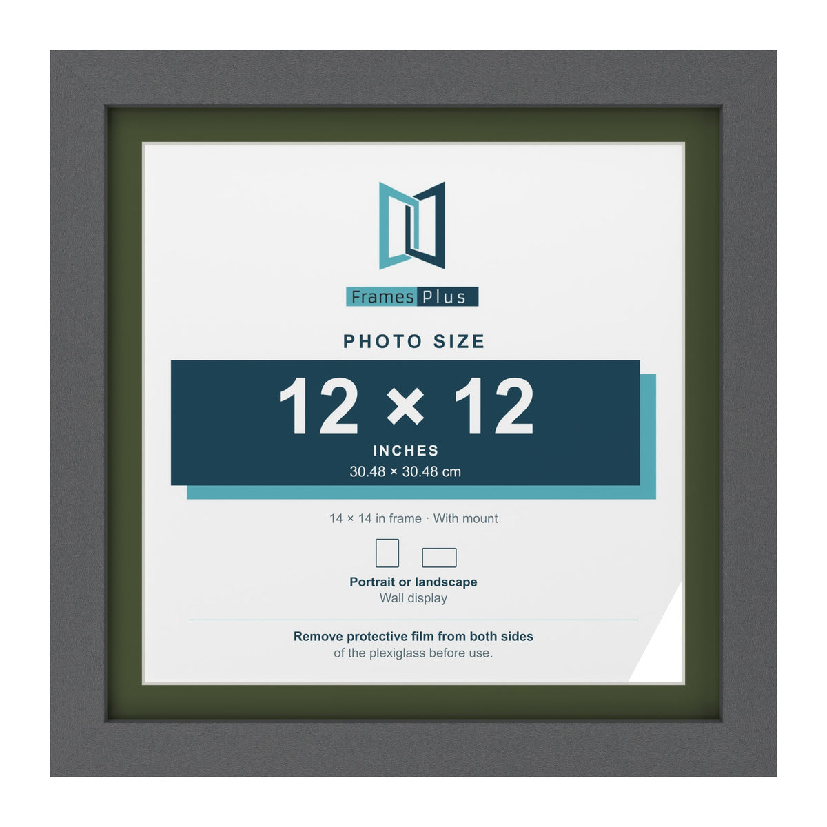 Dark Grey 14 x 14 inch picture frame with a green mount for a 12 x 12 inch photo