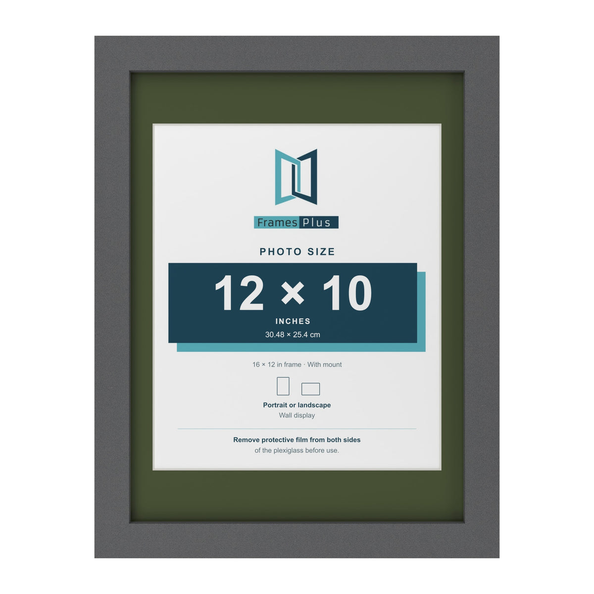 Dark Grey 16 x 12 inch picture frame with a green mount for a 12 x 10 inch photo