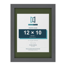 Dark Grey 16 x 12 inch picture frame with a green mount for a 12 x 10 inch photo