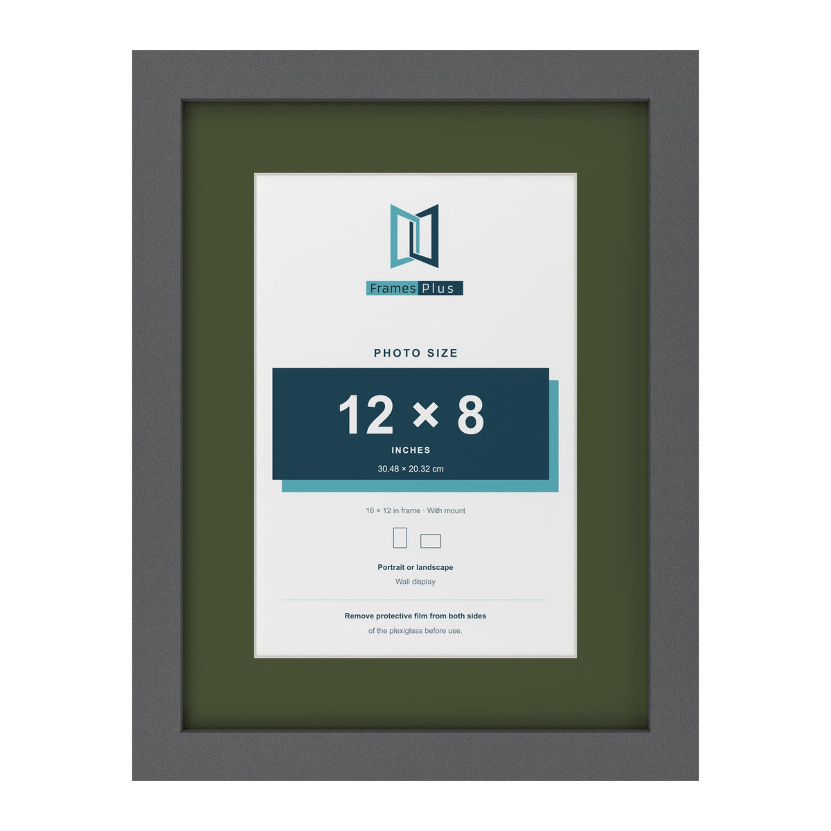 Dark Grey 16 x 12 inch picture frame with a green mount for a 12 x 8 inch photo