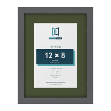 Dark Grey 16 x 12 inch picture frame with a green mount for a 12 x 8 inch photo