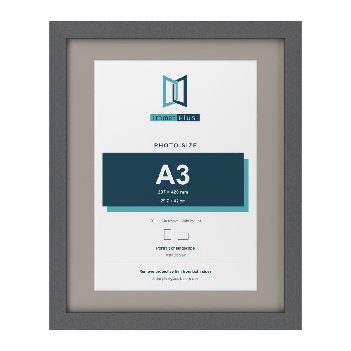 Dark Grey 20 x 16 inch picture frame with a Dawn Grey mount for an A3 photo
