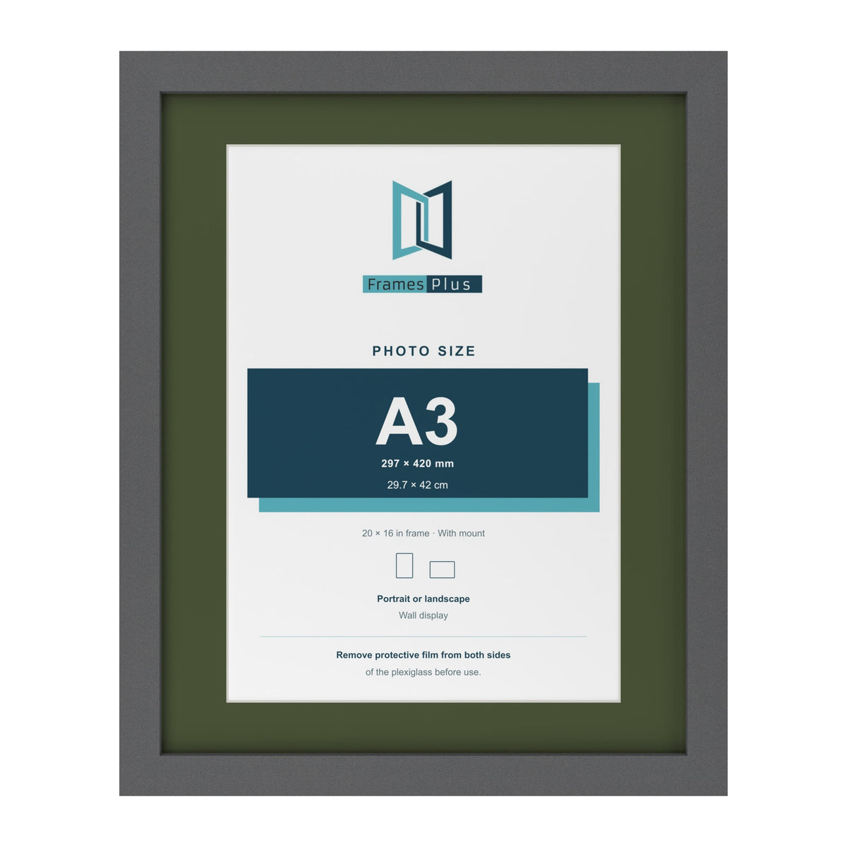 Dark Grey 20 x 16 inch picture frame with a green mount for an A3 photo