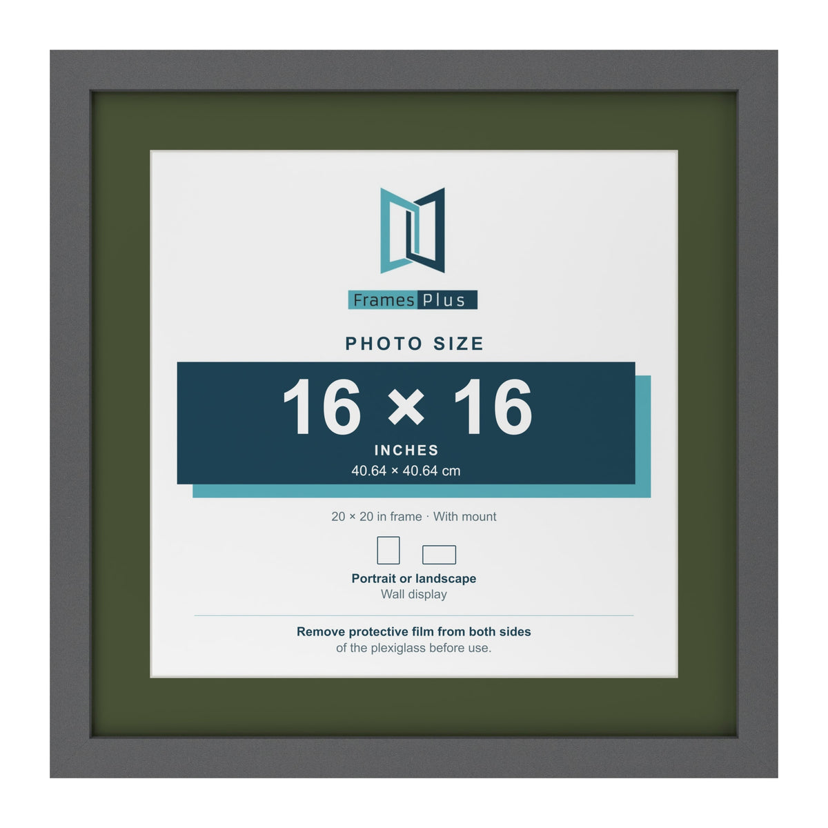 Dark Grey 20 x 20 inch picture frame with a green mount for a 16 x 16 inch photo