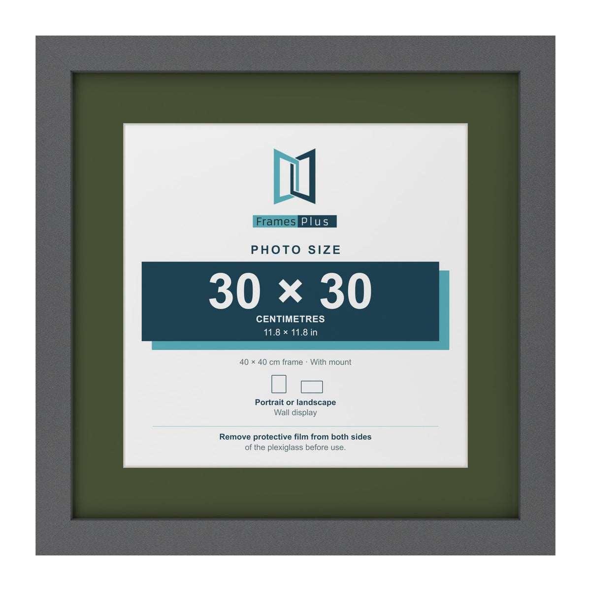 Dark Grey 40 x 40 cm picture frame with a green mount for a 30 x 30 cm photo