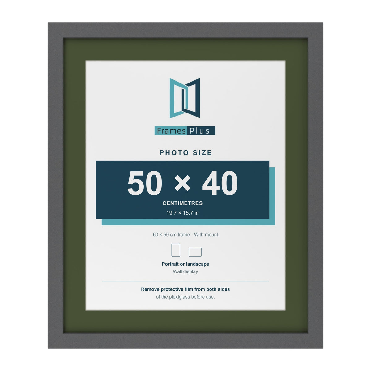 Dark Grey 60 x 50 cm picture frame with a green mount for a 50 x 40 cm photo