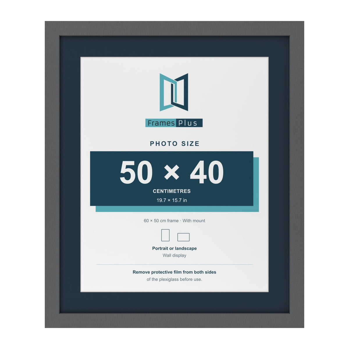 Dark Grey 60 x 50 cm picture frame with a Pacific Blue mount for a 50 x 40 cm photo