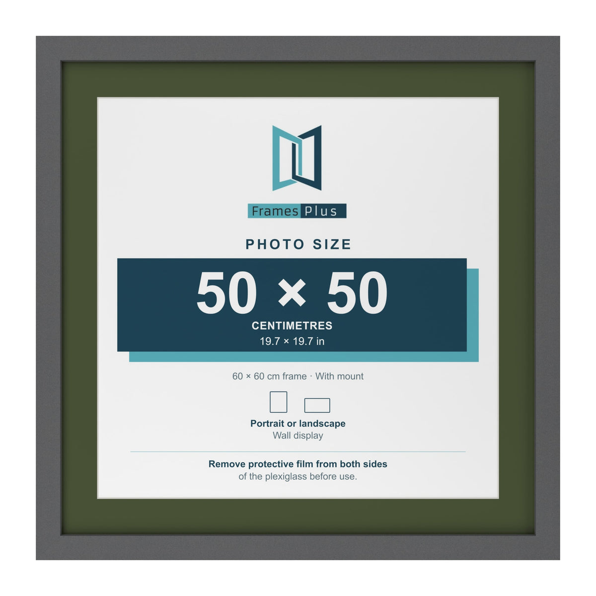 Dark Grey 60 x 60 cm picture frame with a green mount for a 50 x 50 cm photo