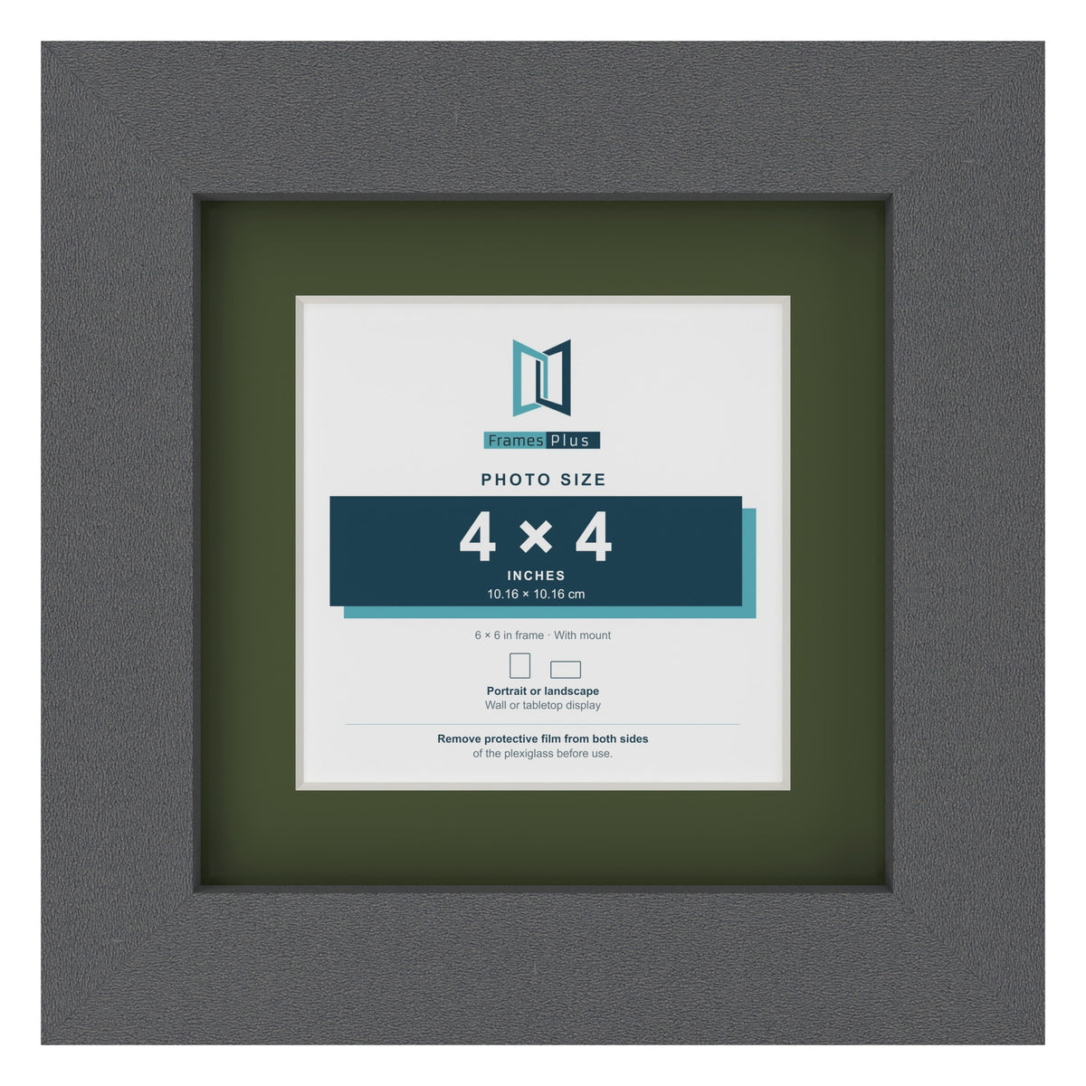 Dark Grey 6 x 6 inch picture frame with a green mount for a 4 x 4 inch photo