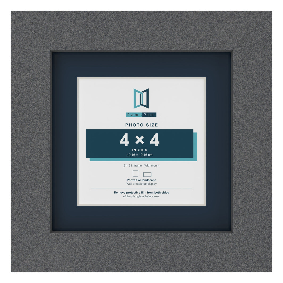 Dark Grey 6 x 6 inch picture frame with a Pacific Blue mount for a 4 x 4 inch photo