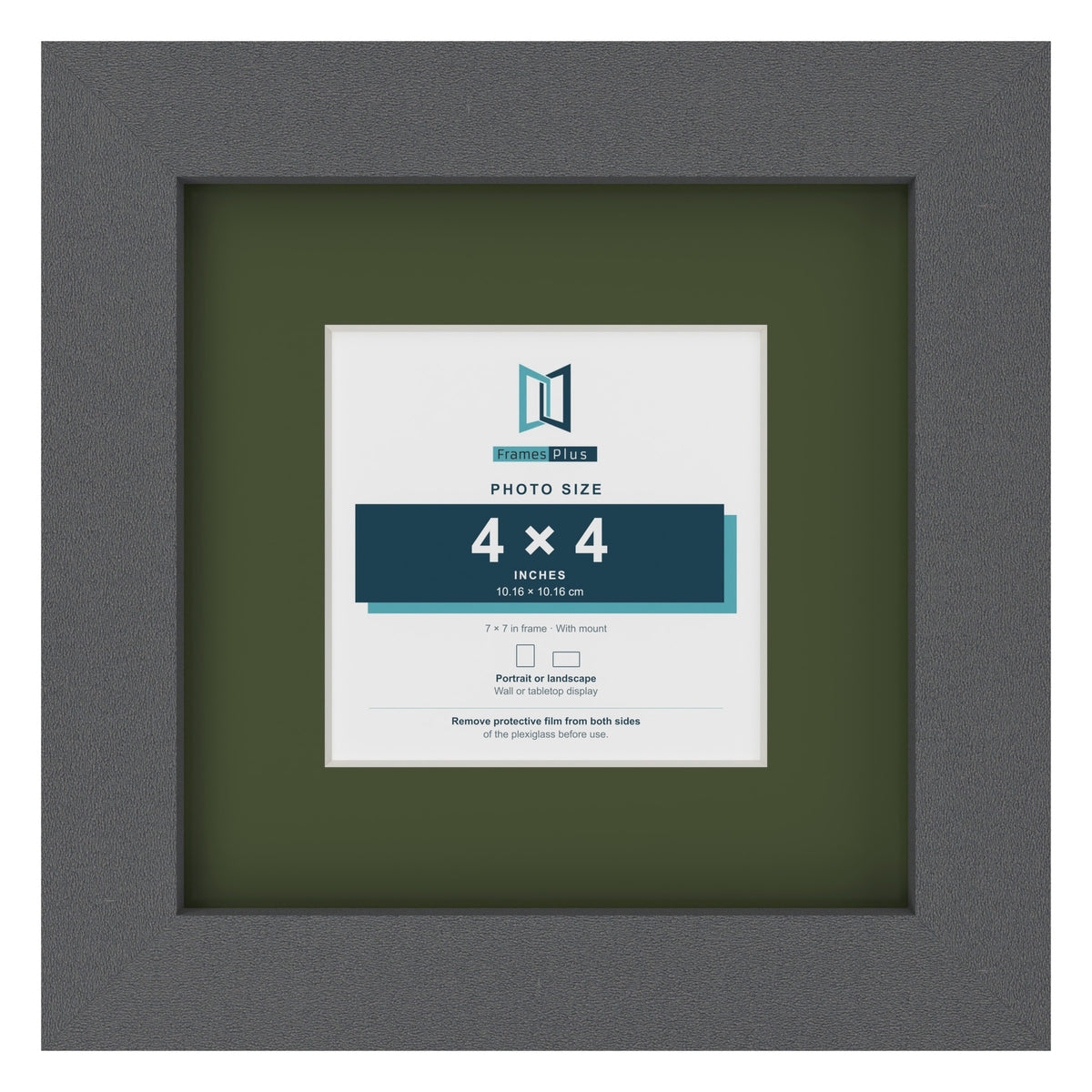 Dark Grey 7 x 7 inch picture frame with a green mount for a 4 x 4 inch photo