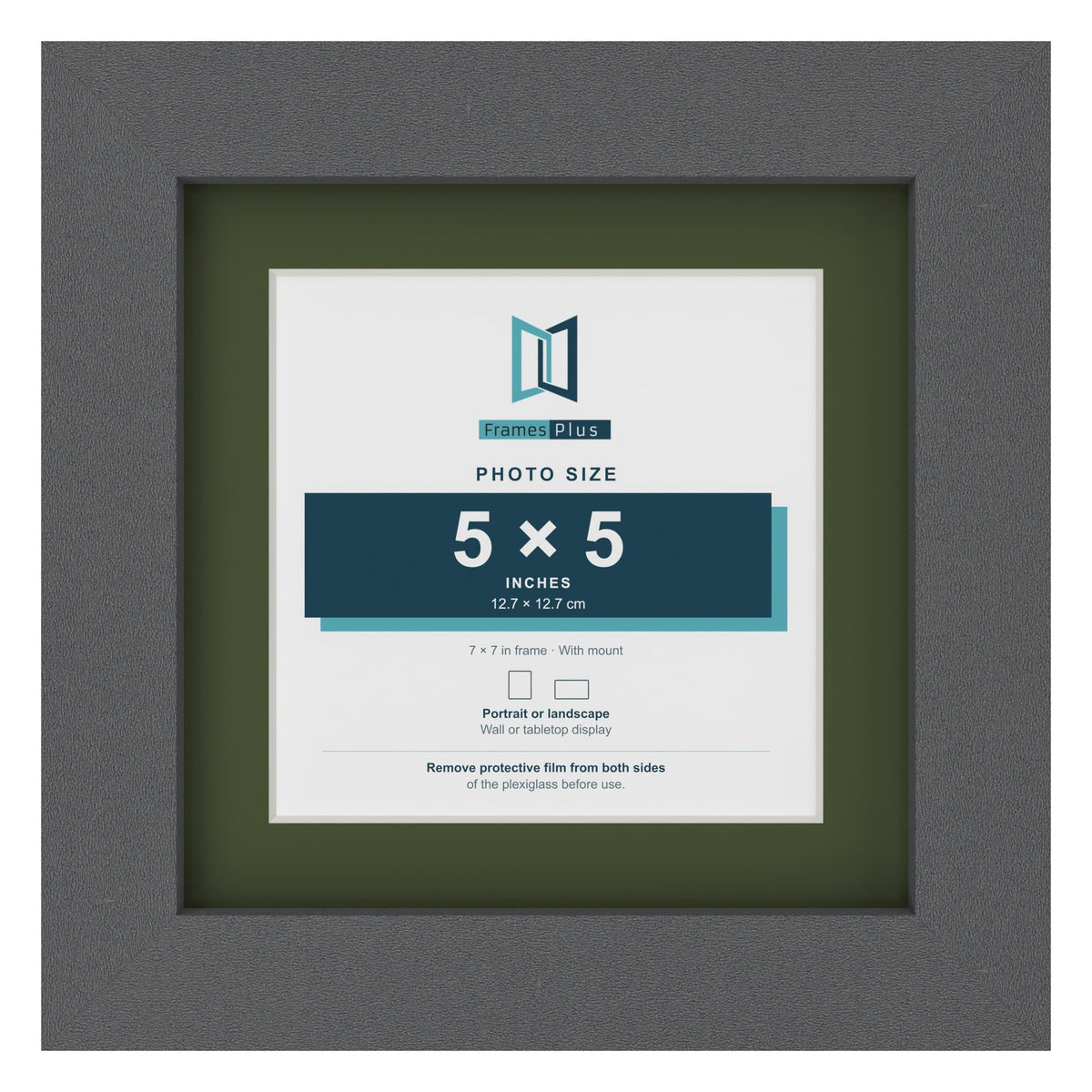 Dark Grey 7 x 7 inch picture frame with a green mount for a 5 x 5 inch photo