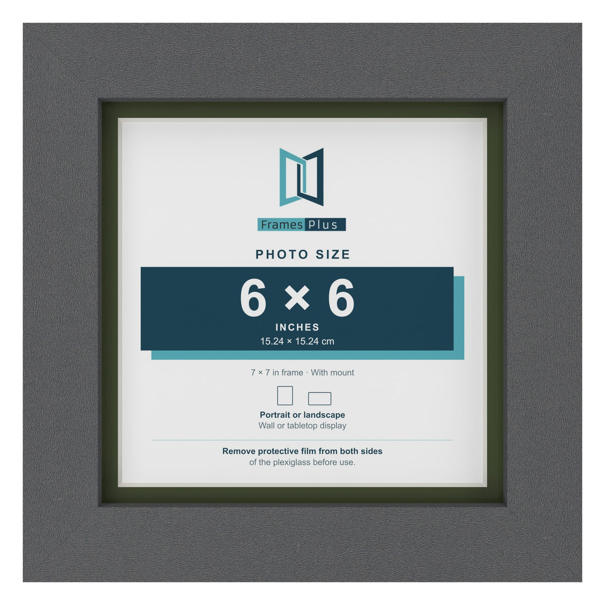 Dark Grey 7 x 7 inch picture frame with a green mount for a 6 x 6 inch photo