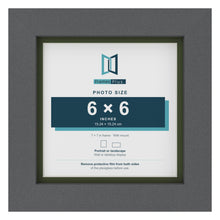 Dark Grey 7 x 7 inch picture frame with a green mount for a 6 x 6 inch photo