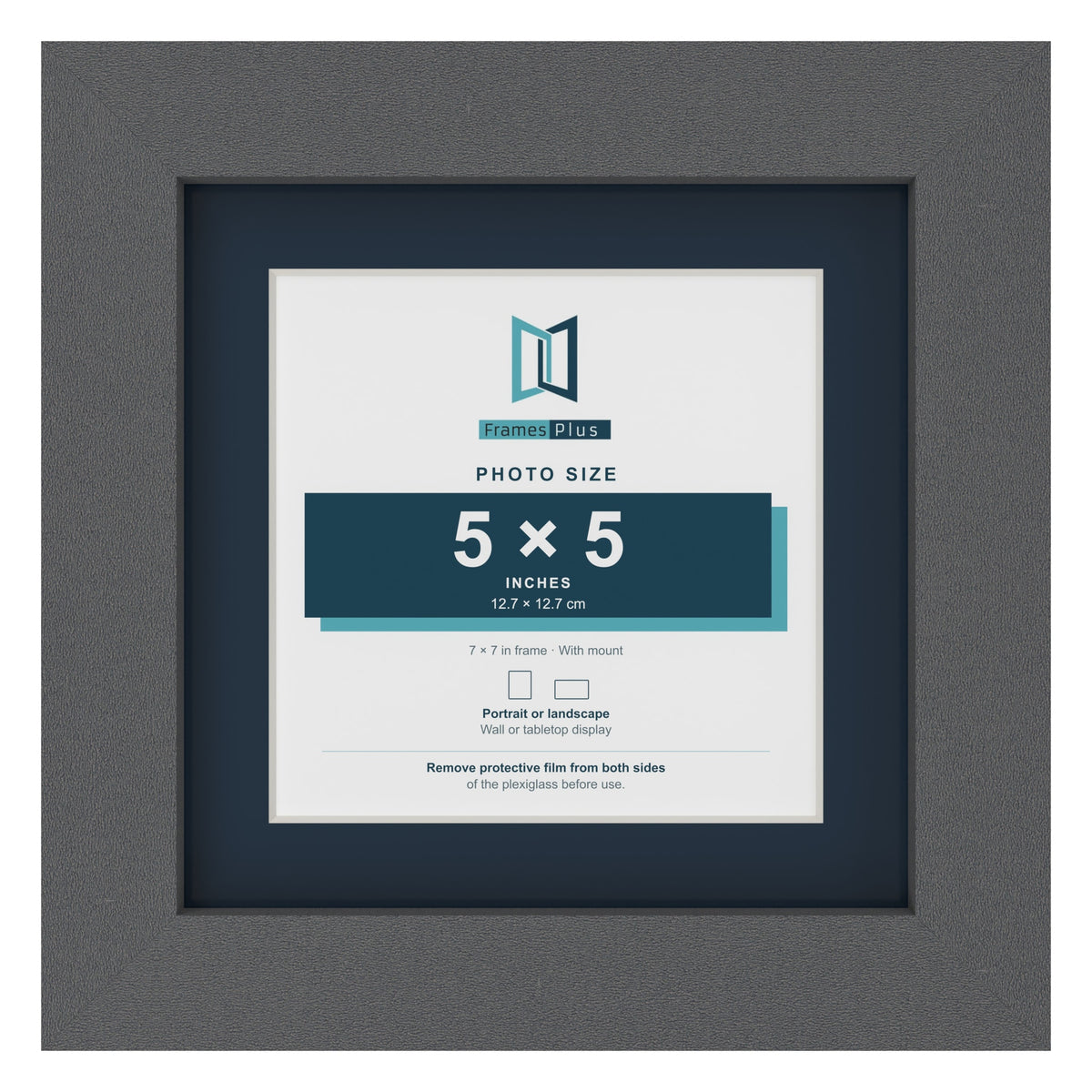 Dark Grey 7 x 7 inch picture frame with a Pacific Blue mount for a 5 x 5 inch photo