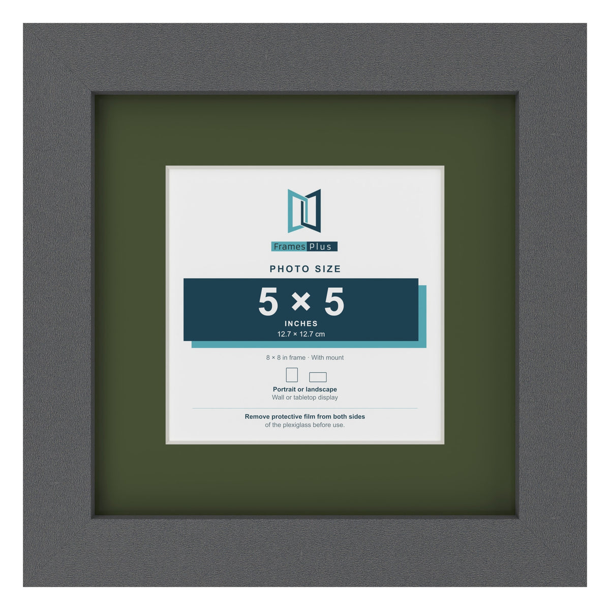 Dark Grey 8 x 8 inch picture frame with a green mount for a 5 x 5 inch photo