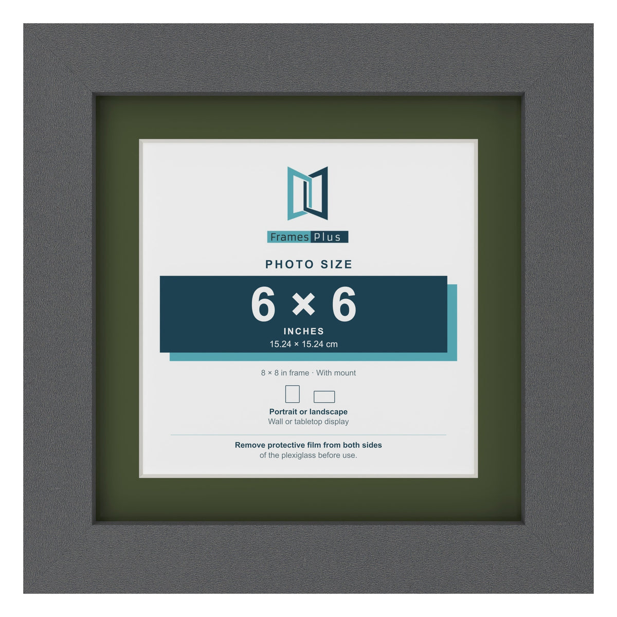 Dark Grey 8 x 8 inch picture frame with a green mount for a 6 x 6 inch photo