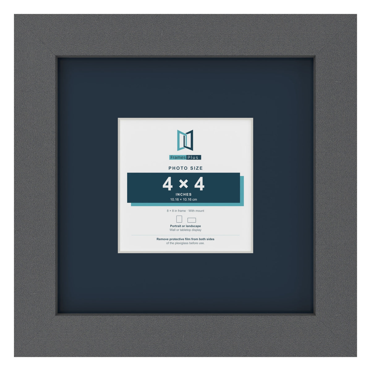 Dark Grey 8 x 8 inch picture frame with a Pacific Blue mount for a 4 x 4 inch photo