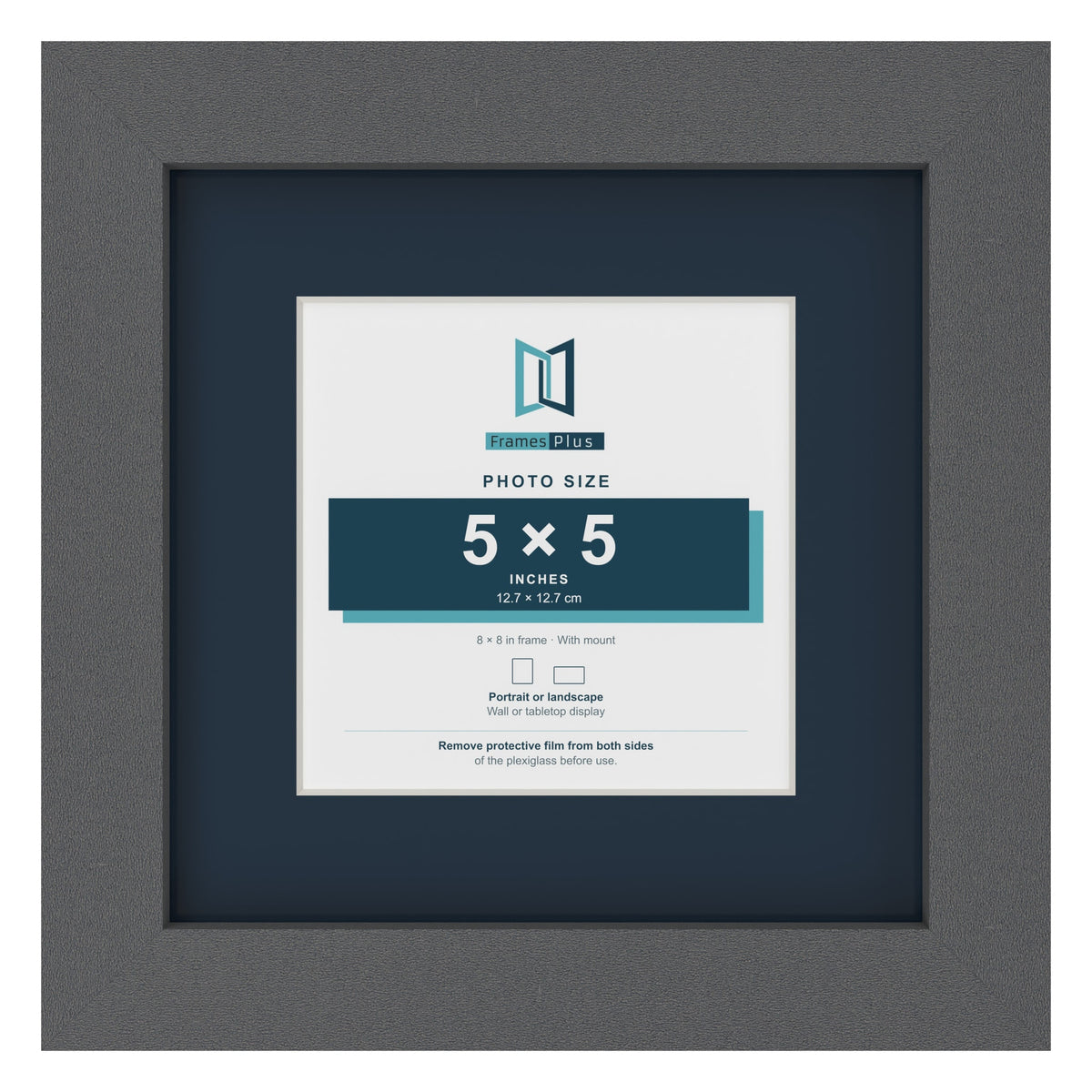 Dark Grey 8 x 8 inch picture frame with a Pacific Blue mount for a 5 x 5 inch photo