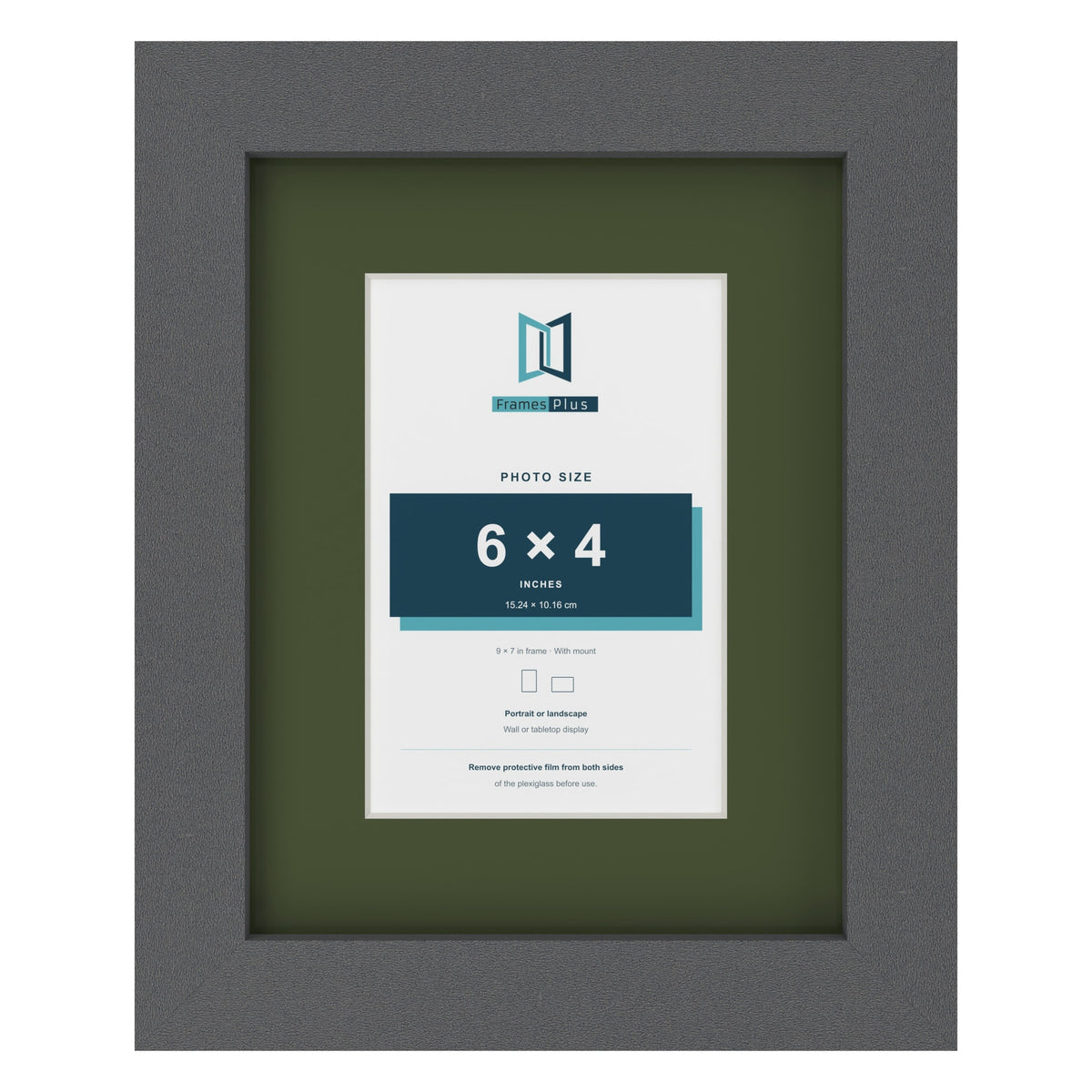Dark Grey 9 x 7 inch picture frame with a green mount for a 6 x 4 inch photo