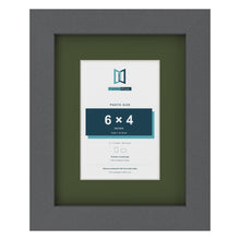 Dark Grey 9 x 7 inch picture frame with a green mount for a 6 x 4 inch photo