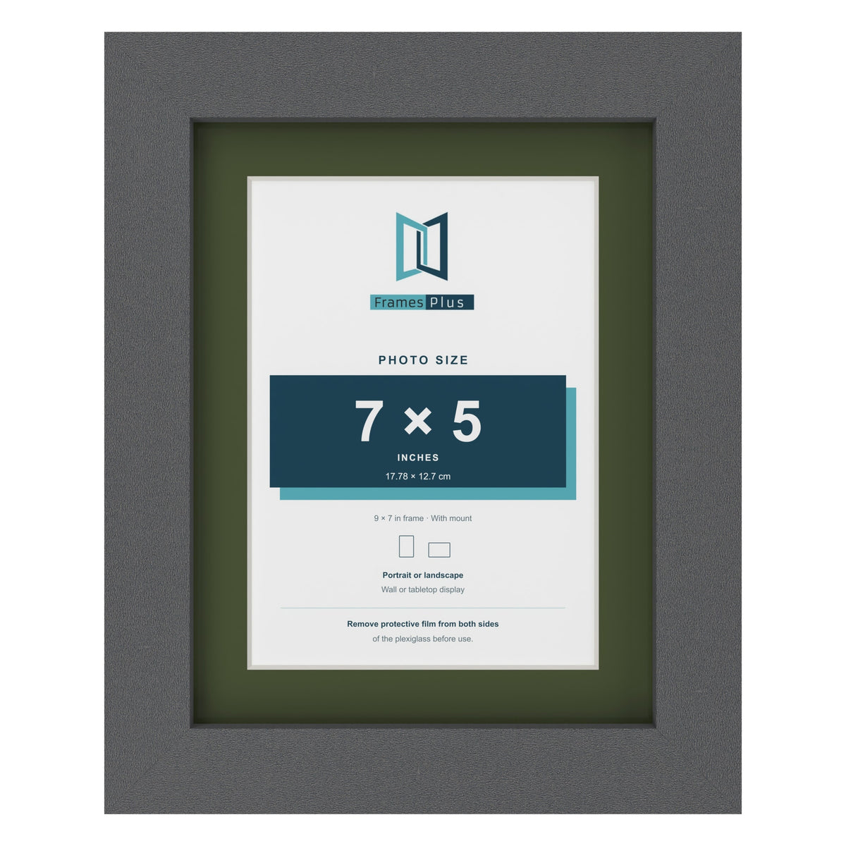 Dark Grey 9 x 7 inch picture frame with a green mount for a 7 x 5 inch photo