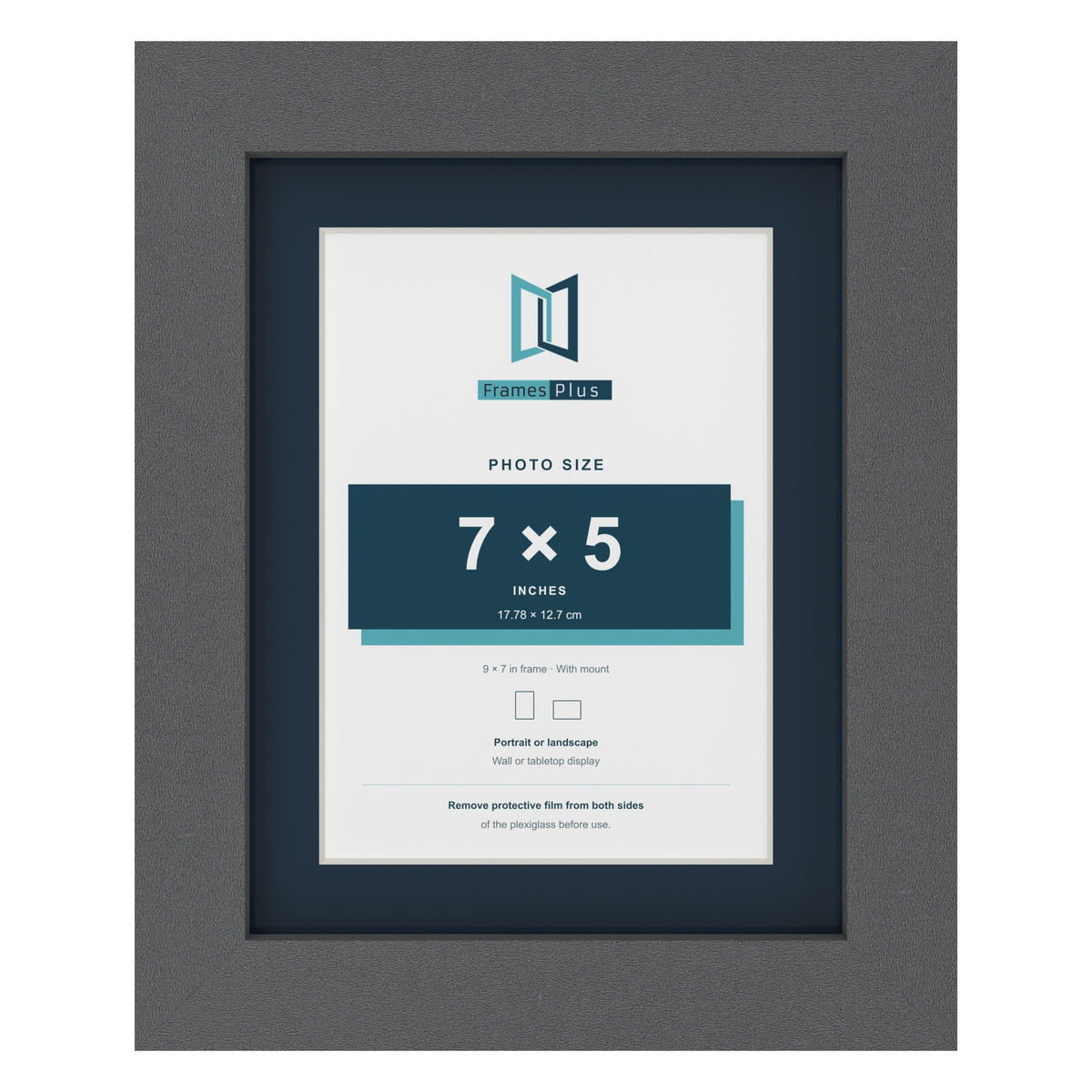 Dark Grey 9 x 7 inch picture frame with a Pacific Blue mount for a 7 x 5 inch photo