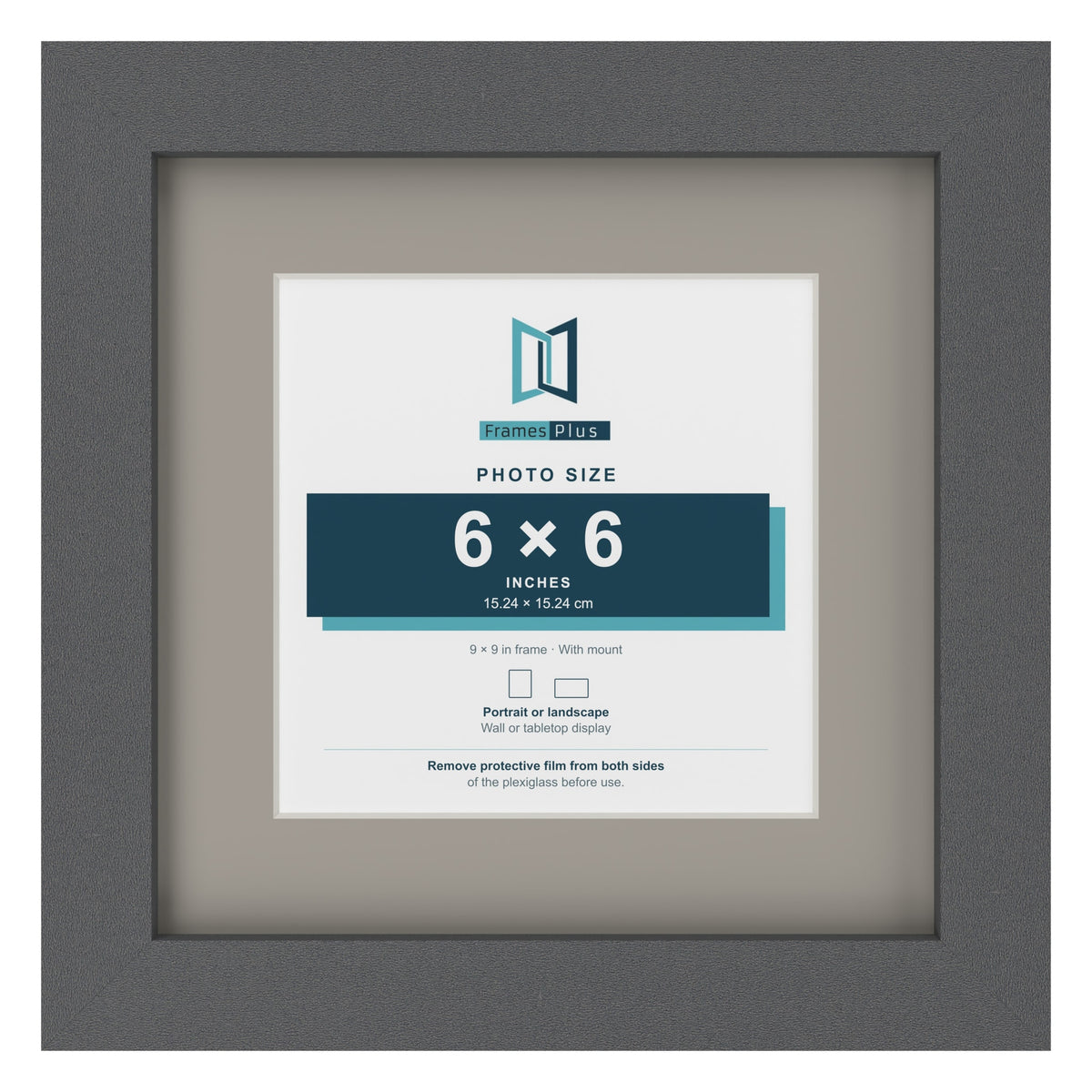Dark Grey 9 x 9 inch picture frame with a Dawn Grey mount for a 6 x 6 inch photo