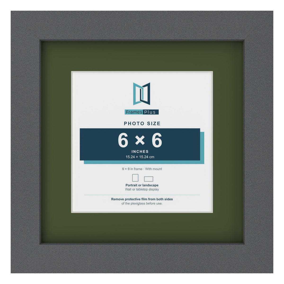 Dark Grey 9 x 9 inch picture frame with a green mount for a 6 x 6 inch photo