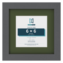 Dark Grey 9 x 9 inch picture frame with a green mount for a 6 x 6 inch photo