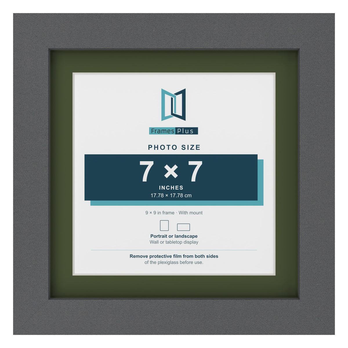 Dark Grey 9 x 9 inch picture frame with a green mount for a 7 x 7 inch photo