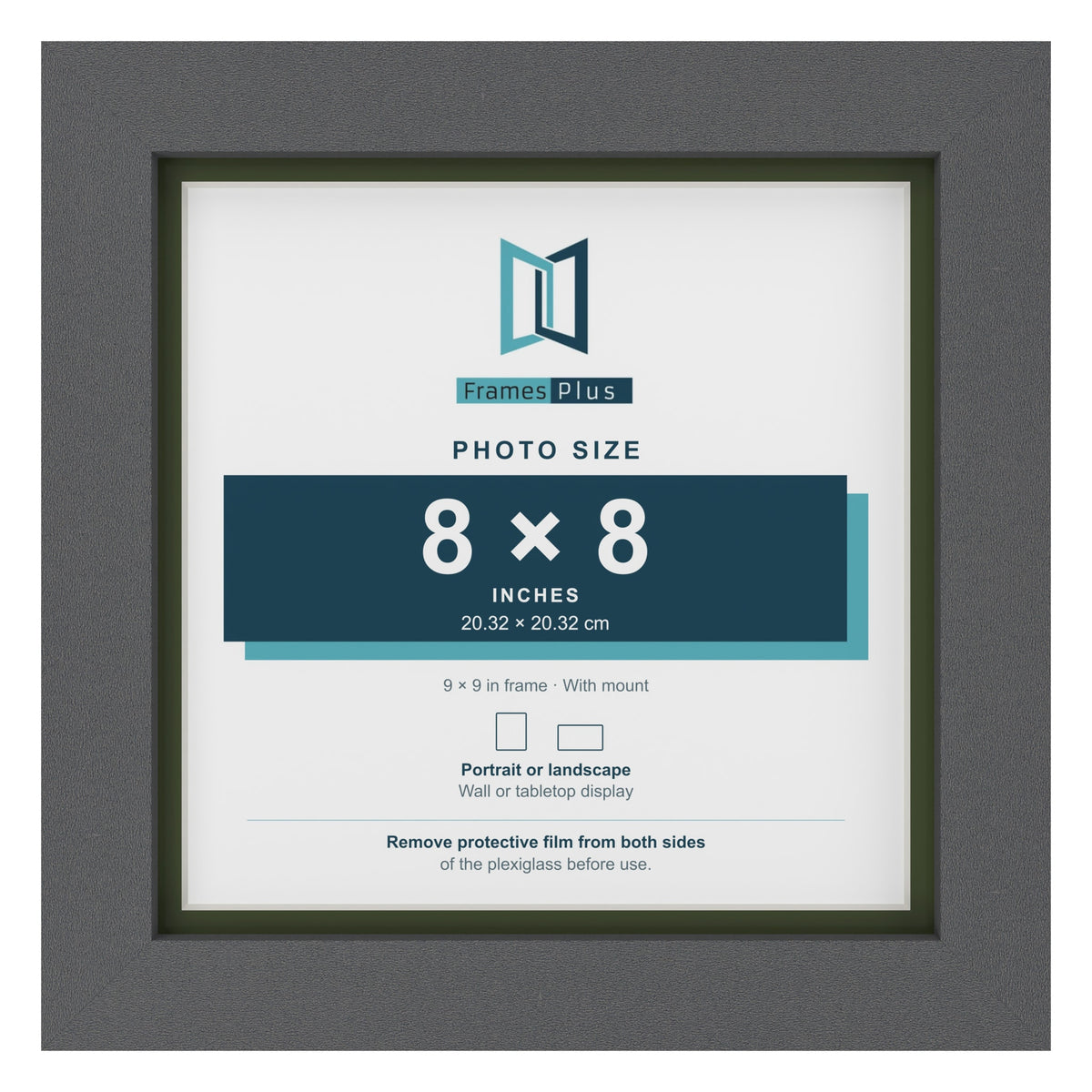 Dark Grey 9 x 9 inch picture frame with a green mount for an 8 x 8 inch photo