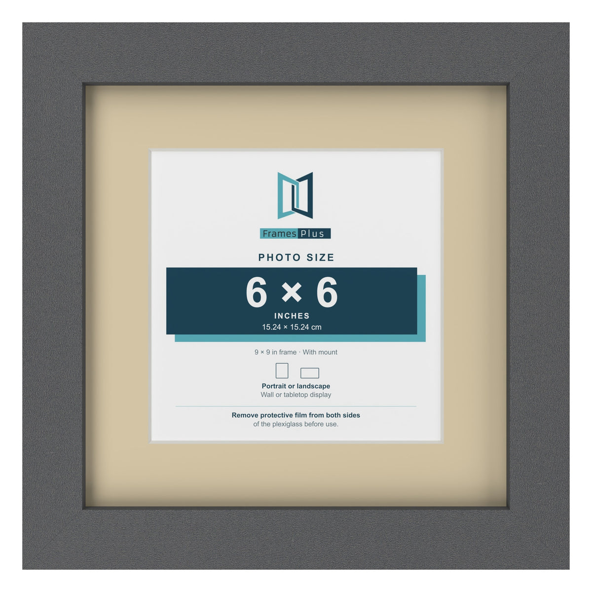 Dark Grey 9 x 9 inch picture frame with an ivory mount for a 6 x 6 inch photo