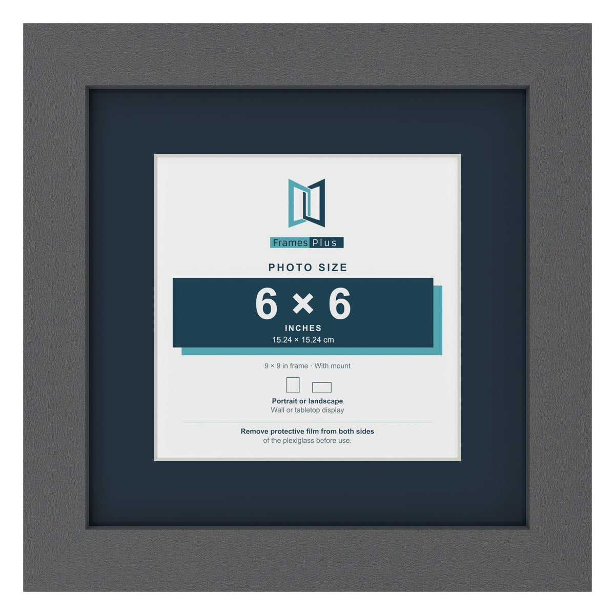 Dark Grey 9 x 9 inch picture frame with a Pacific Blue mount for a 6 x 6 inch photo