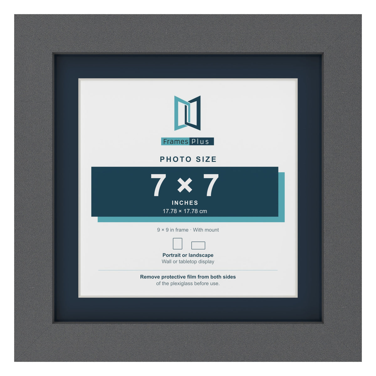 Dark Grey 9 x 9 inch picture frame with a Pacific Blue mount for a 7 x 7 inch photo