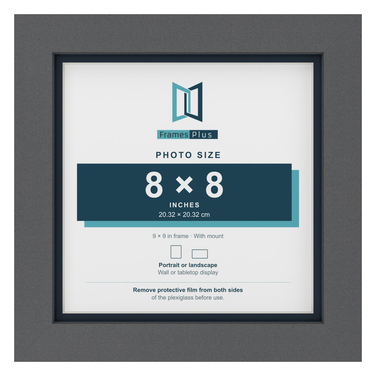 Dark Grey 9 x 9 inch picture frame with a Pacific Blue mount for an 8 x 8 inch photo