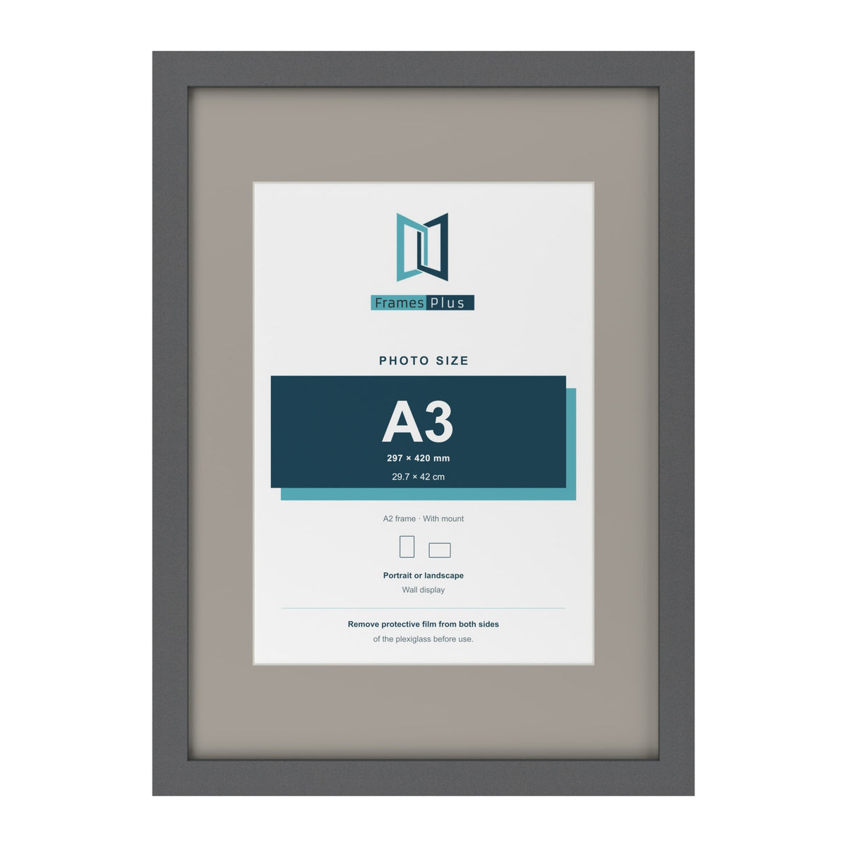 Dark Grey A2 picture frame with a Dawn Grey mount for an A3 photo