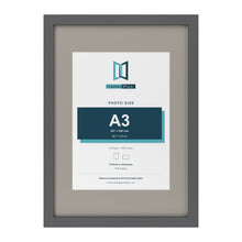 Dark Grey A2 picture frame with a Dawn Grey mount for an A3 photo