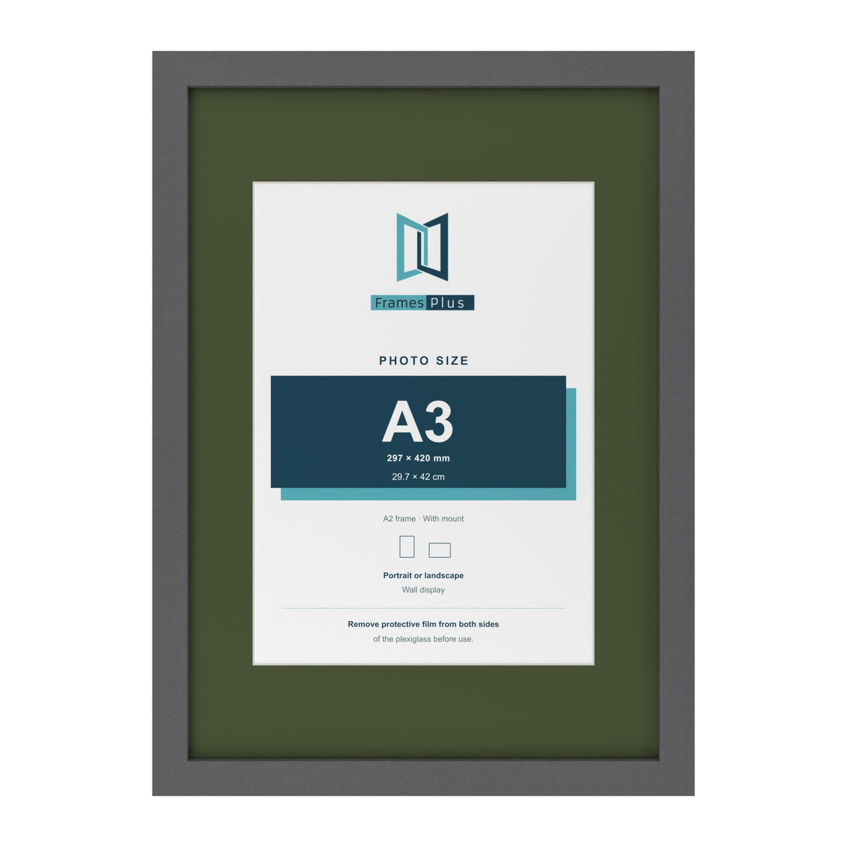 Dark Grey A2 picture frame with a green mount for an A3 photo