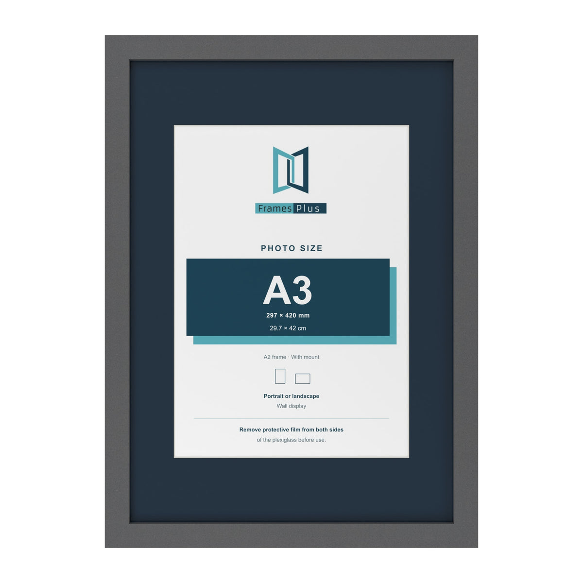 Dark Grey A2 picture frame with a Pacific Blue mount for an A3 photo