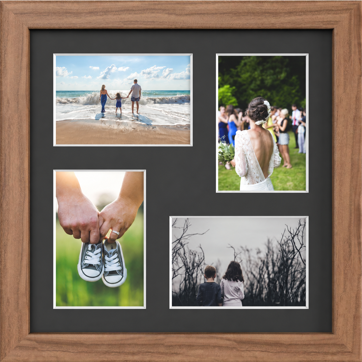 Dark Oak Multi-Aperture Frame for 4 Photos 6x4" with Black Mount displaying photographs
