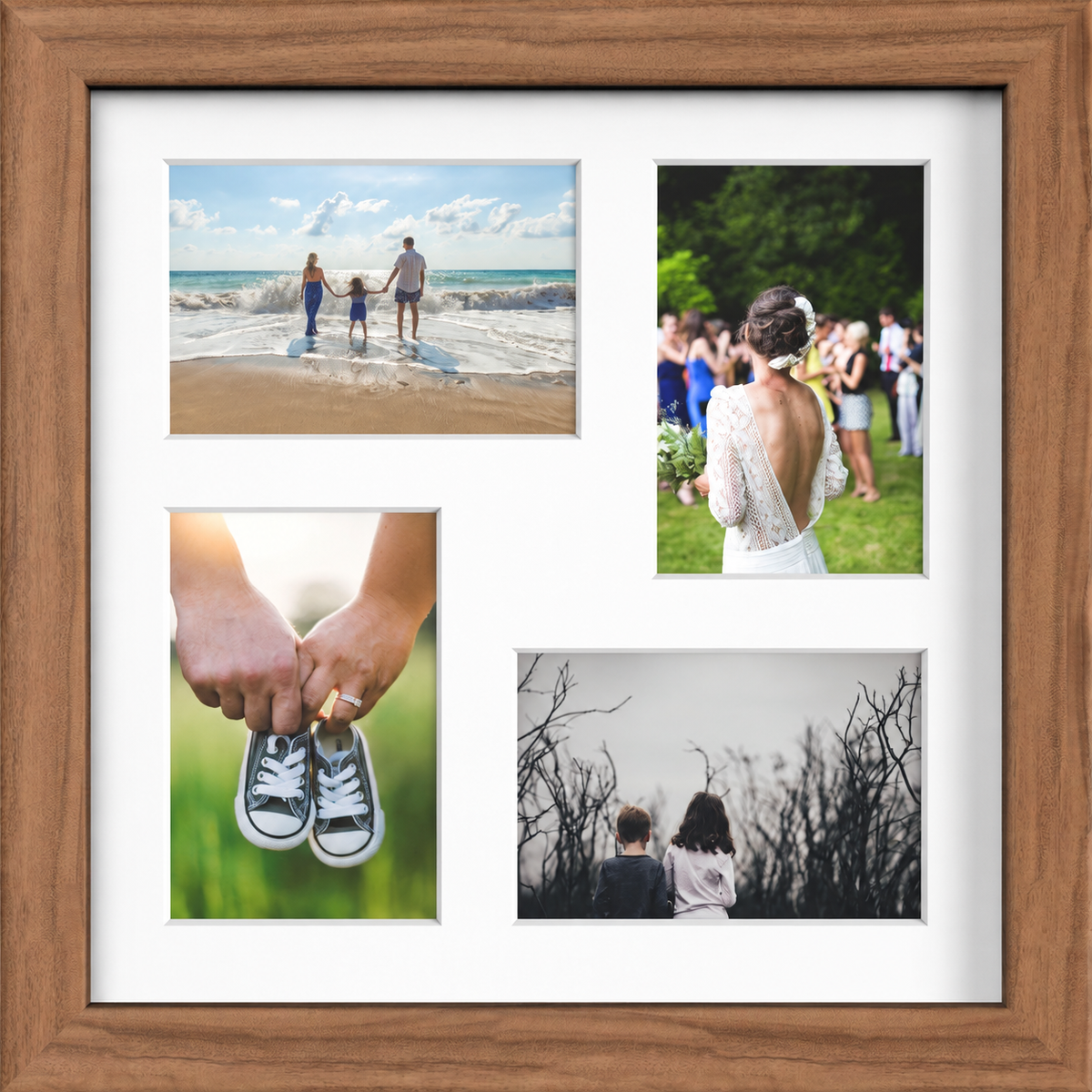 Dark Oak Multi-Aperture Frame for 4 Photos 6x4" with White Mount displaying photographs