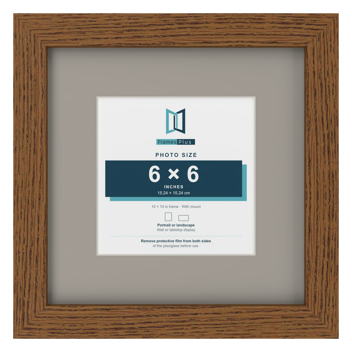 Dark Oak 10 x 10 inch picture frame with a Dawn Grey mount for a 6 x 6 inch photo