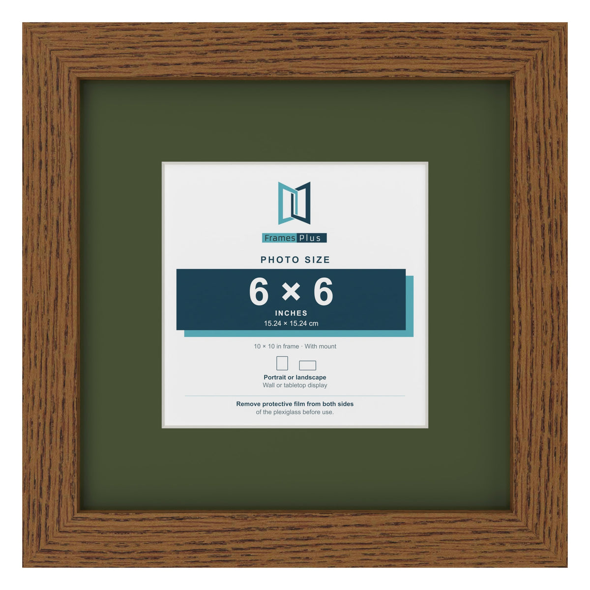 Dark Oak 10 x 10 inch picture frame with a green mount for a 6 x 6 inch photo