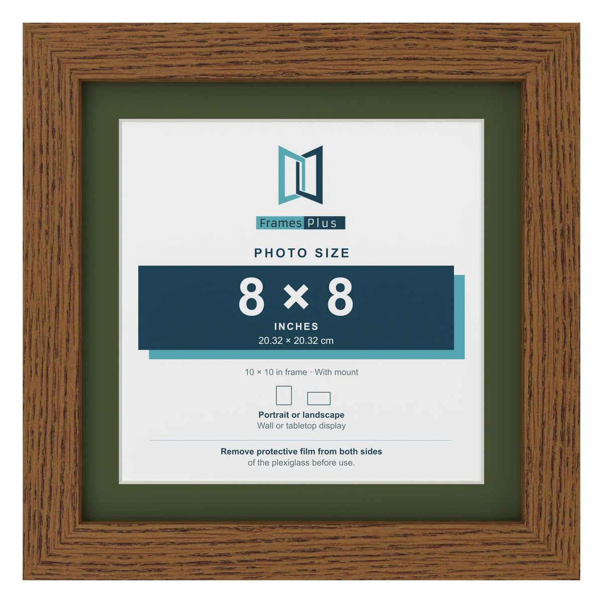 Dark Oak 10 x 10 inch picture frame with a green mount for an 8 x 8 inch photo
