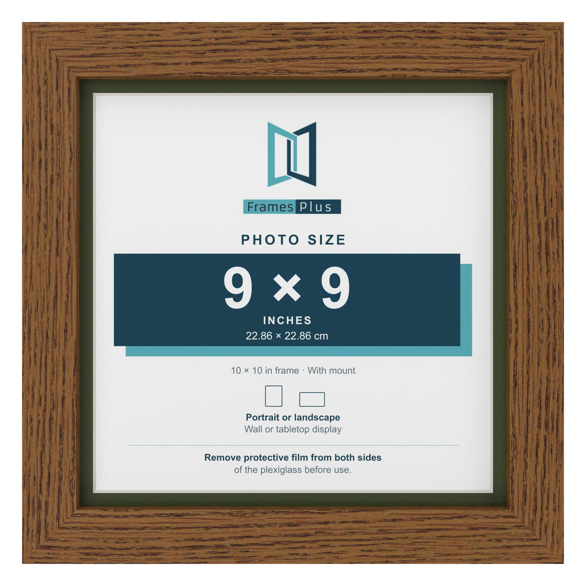 Dark Oak 10 x 10 inch picture frame with a green mount for a 9 x 9 inch photo