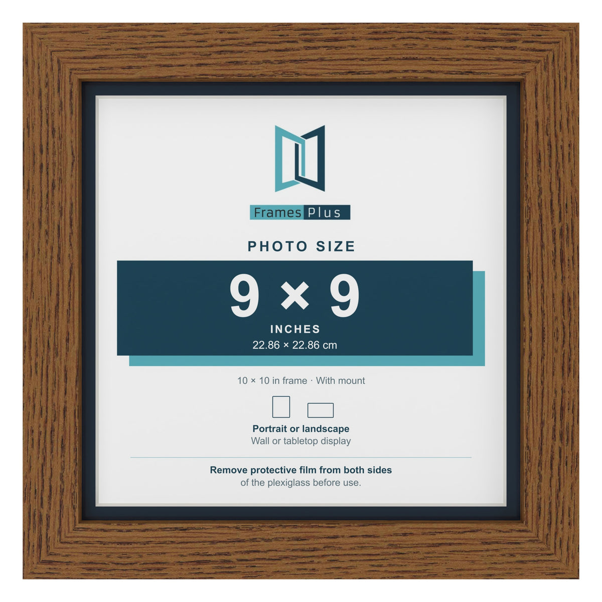 Dark Oak 10 x 10 inch picture frame with a Pacific Blue mount for a 9 x 9 inch photo