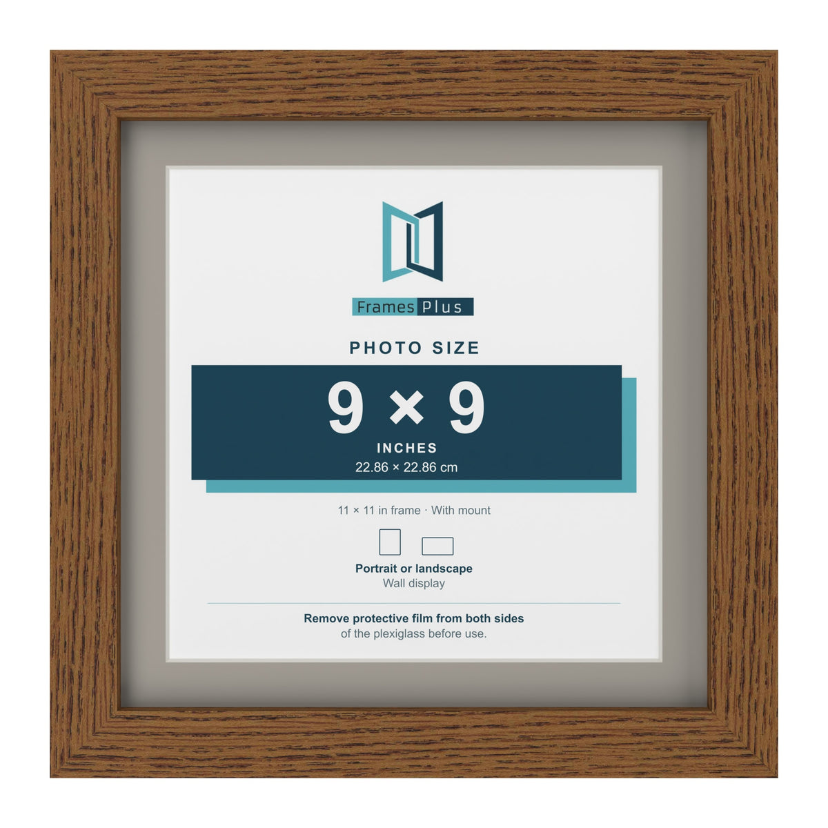 Dark Oak 11 x 11 inch picture frame with a Dawn Grey mount for a 9 x 9 inch photo