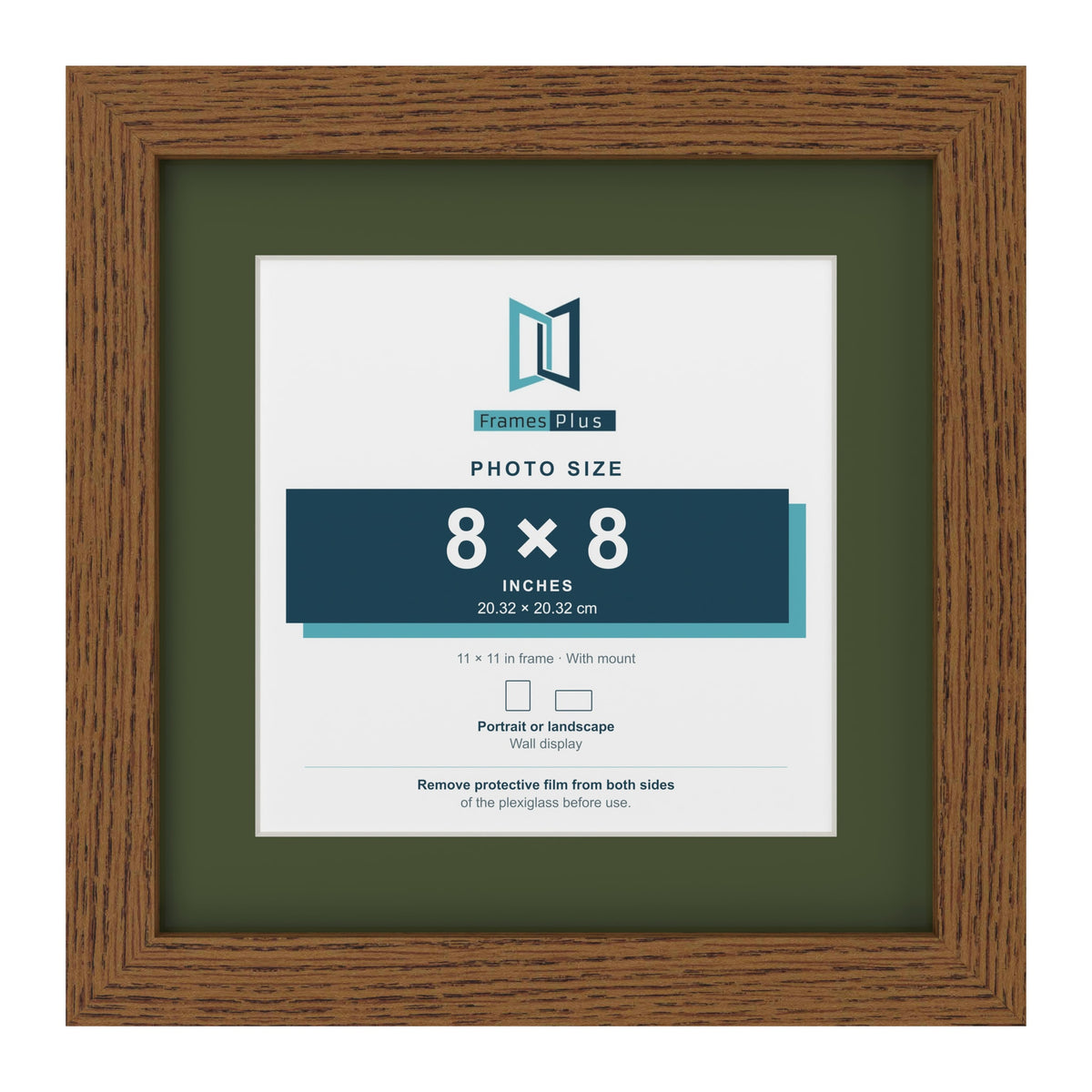 Dark Oak 11 x 11 inch picture frame with a green mount for an 8 x 8 inch photo
