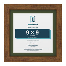 Dark Oak 11 x 11 inch picture frame with a green mount for a 9 x 9 inch photo